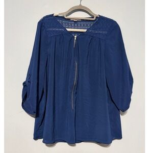 Extra Touch Women's 2X Blue Lace Yoke Zip Front Roll Tab Sleeve Blouse 1788